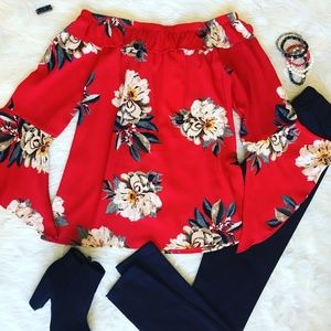 Red floral off the shoulder floral top